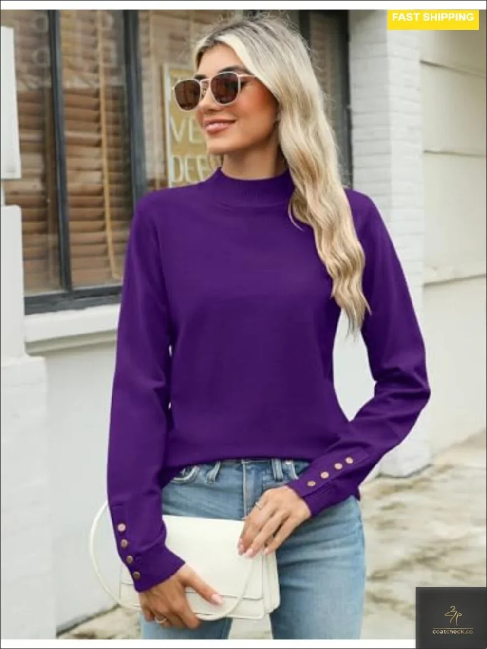 Mock Neck Long Sleeve Knit Sweater Pullover Lightweight Button Cuffs Fall